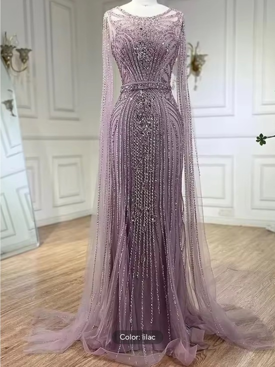 Serene Hill Dresses & Skirts - Lilac Embellished Maxi Evening Dress with Cape Sleeves